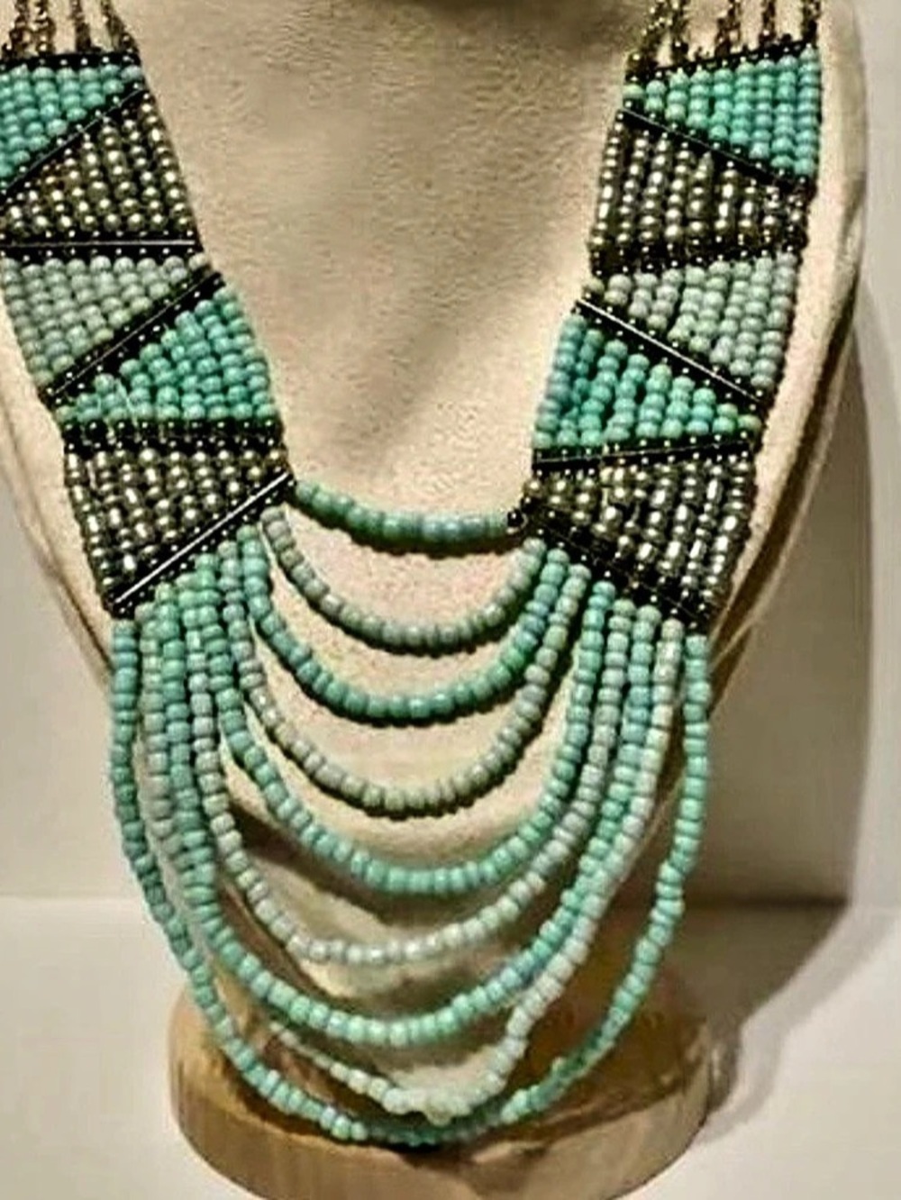 Boho Mint Seafoam Multi Strand Seed Bead Bib Statement Necklace